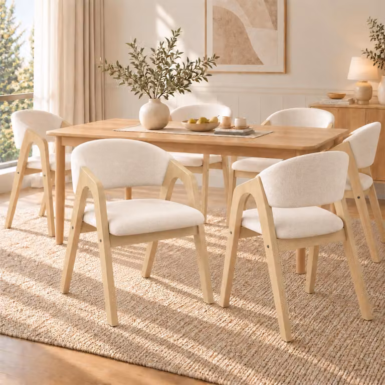 Set di 6 sedie da pranzo Flieks, poltrone con schienali sagomati, sedie per la cucina o il soggiorno, rivestite in lino, colore legno naturale