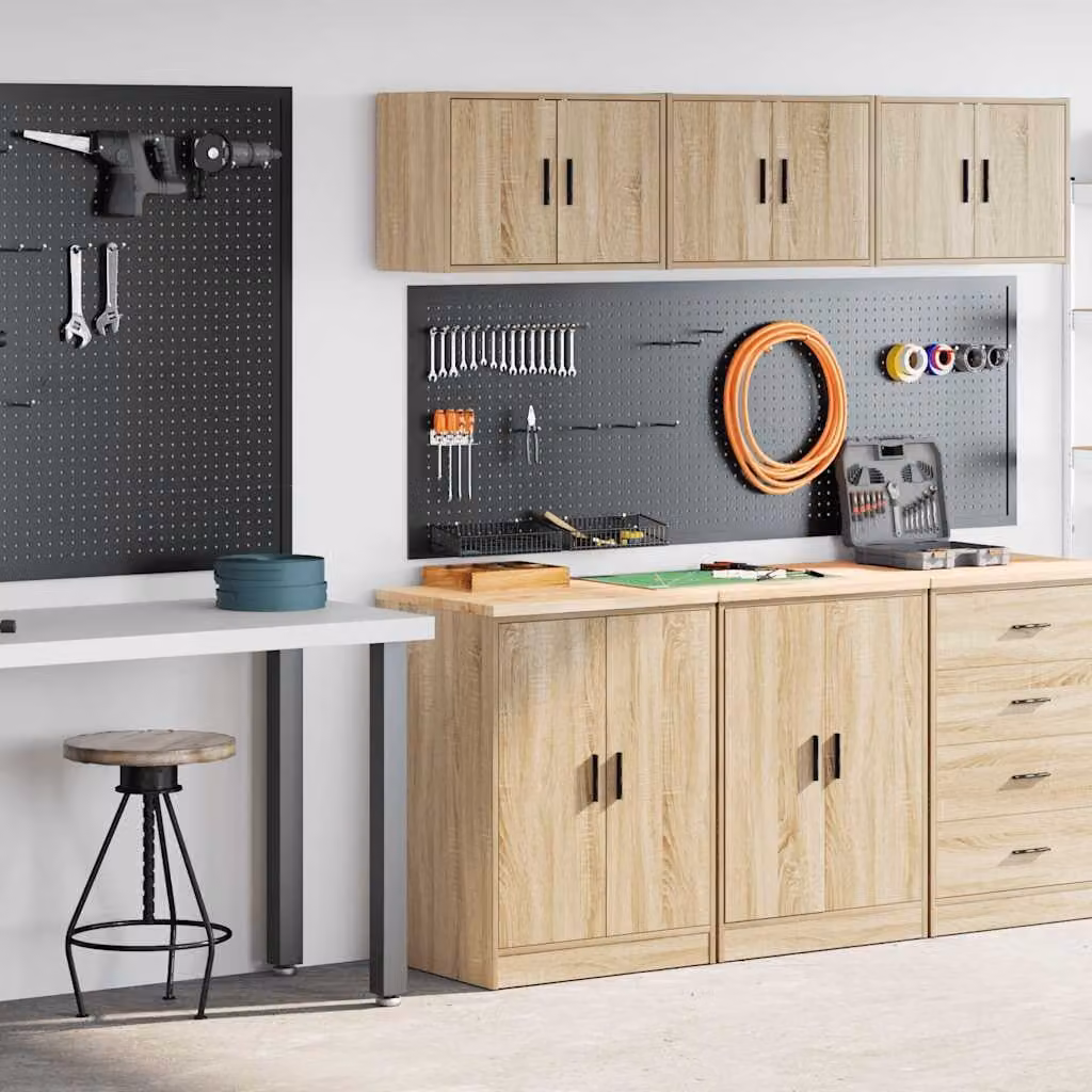Set di 2 armadi da garage vidaXL in legno multistrato color marrone con ante a battente e ripiani interni