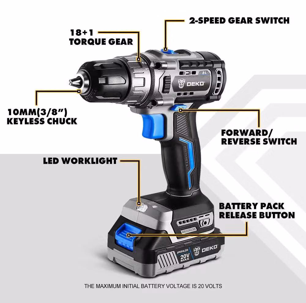 Trapano avvitatore - Utensile per la lavorazione del legno - 2 velocità - 42 Nm - 20V - Trapano - Brushless (senza spazzole)
