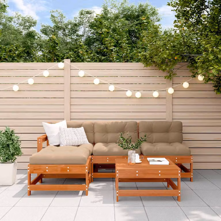 Set Lounge da Giardino vidaXL in Legno di Pino Marrone Cerato con Cuscini, Forma a L e Tavolino da Esterno
