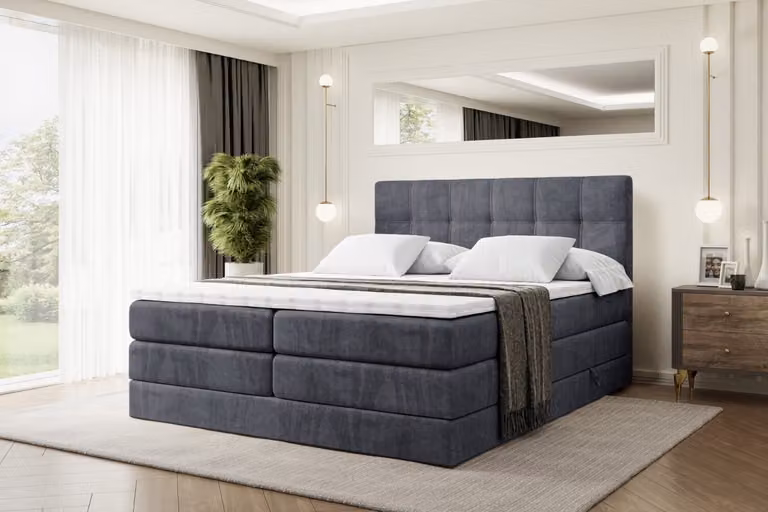 Letto boxspring ALTDECOR con 2 materassi e topper - 160x200 cm - MARCE KING - Velluto grigio scuro - Letto imbottito con materassi H3 e H4, contenitore e rete a doghe, letto con spazio contenitivo