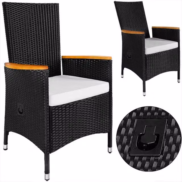 Set di 2 sedie da giardino Casaria in polyrattan e legno di acacia nere con braccioli e cuscini inclusi