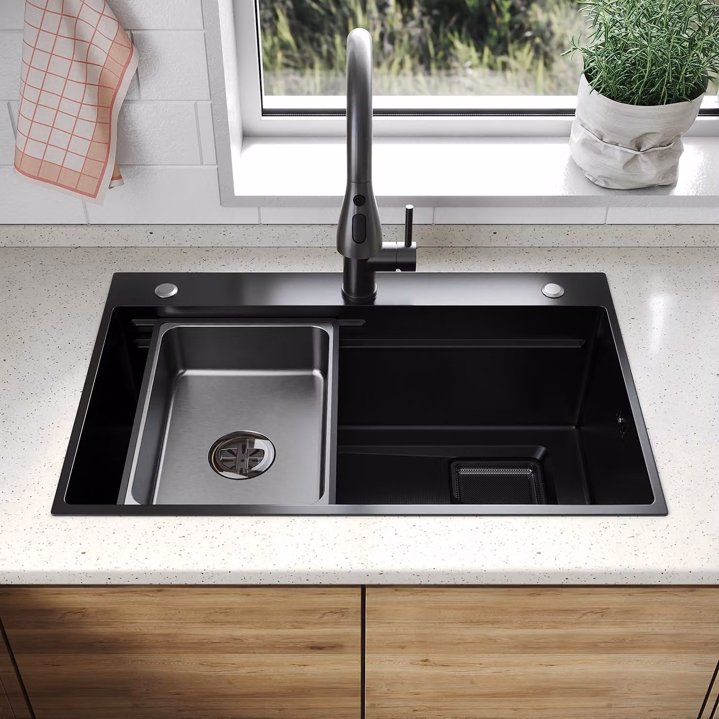 SONNI - Lavello quadrato con ampio piano di appoggio, 70 x 45 x 24,5 cm, nero, con griglia rettangolare, scolapiatti e rubinetto