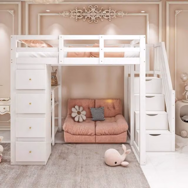 Letto a Soppalco 140x200 in Legno Massello Bianco con Cassetti; Mensole e Scala di Sicurezza per Cameretta