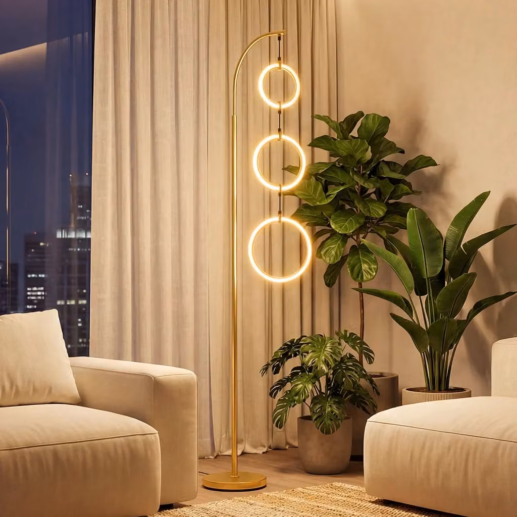 Lampada piantana da terra moderna con 3 luci LED dimmabile, collo d'oca e interruttore a pedale, colore oro/ottone – 2