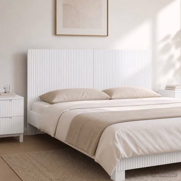 Testiera da muro vidaXL ARNHEM in legno ingegnerizzato bianco lucido con ripiano integrato L 120 x H 50 x P 10,2 cm