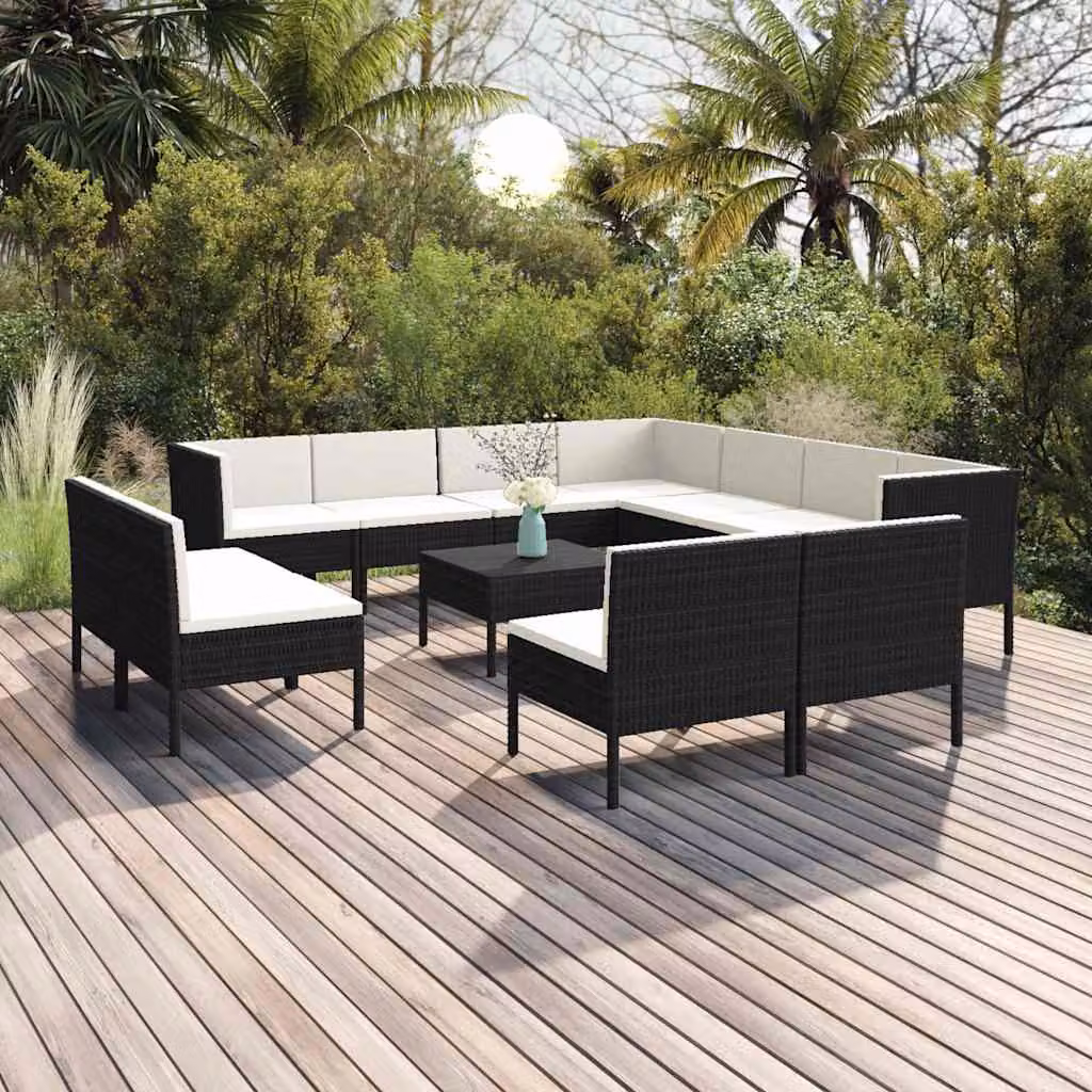 Set Divani da Giardino vidaXL a forma a U con Cuscini e Tavolino, Design Moderno in Polyrattan e Metallo Nero e Bianco
