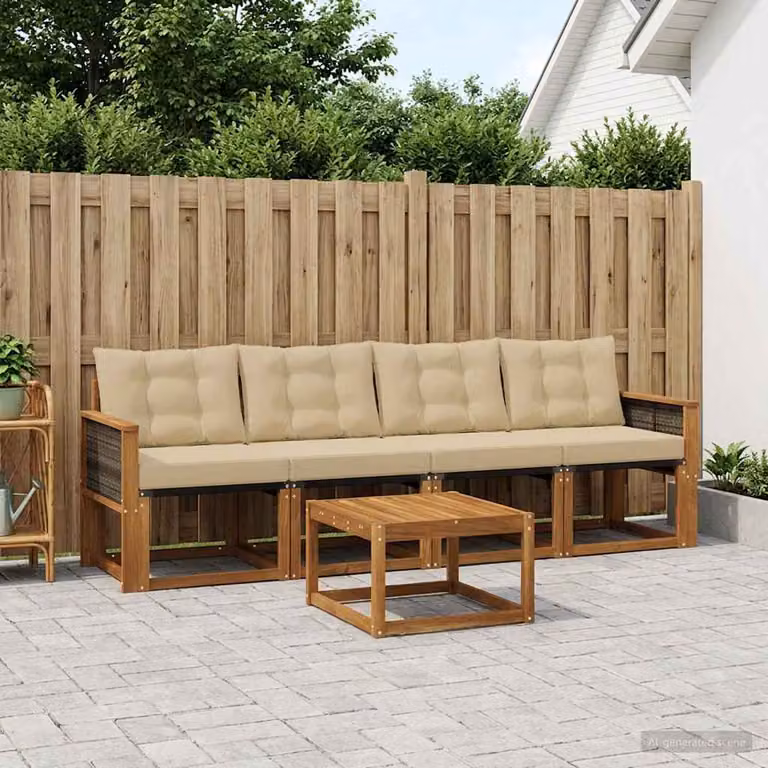 Set di divani da esterno vidaXL 5 pezzi in legno di acacia con tavolino e cuscini, colore beige e marrone