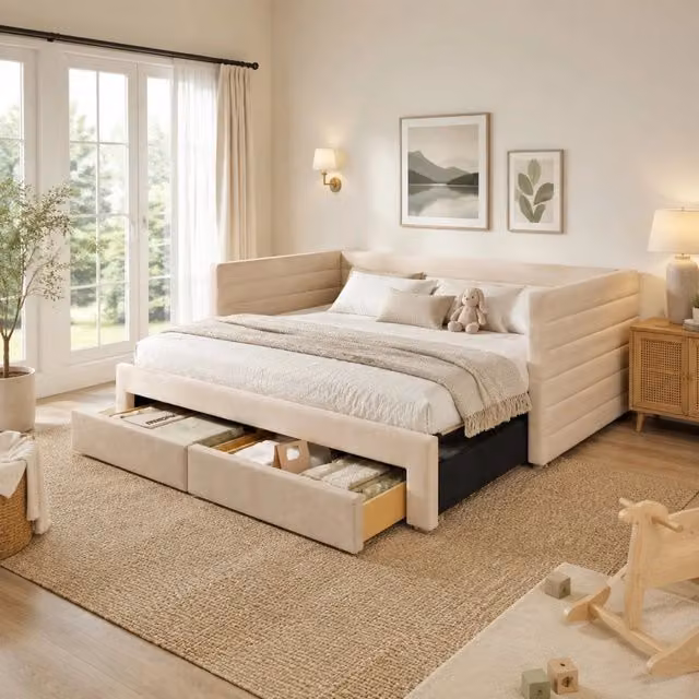 Letto imbottito estraibile 3 in 1 beige 90x190 cm con 2 cassetti