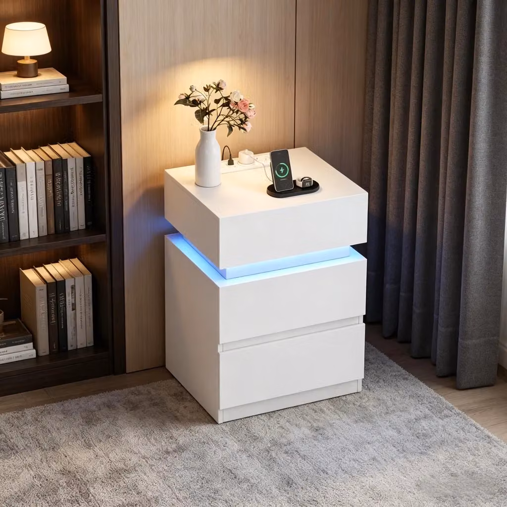 Comodino Mivray moderno in legno bianco con illuminazione LED integrata, 2 cassetti e vano con anta, L/P/H: 40 x 35 x 55 cm – 2
