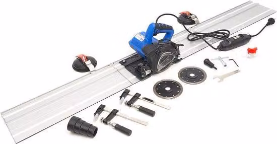 Sega circolare portatile Inval da 1400W con sistema di raffreddamento ad acqua, guida lineare da 3 x 500 mm e 3 lame da taglio diamantate