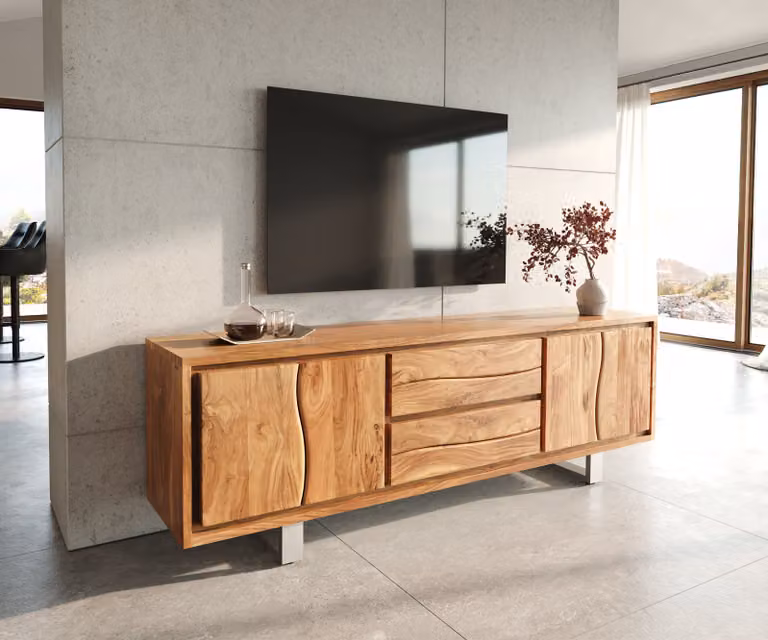 DeLife - Mobile TV in legno di acacia massello con bordi naturali, 2 cassetti e 2 ante, stile moderno, dimensioni: 200 cm (larghezza) x 45 cm (profondità) x 66 cm (altezza)