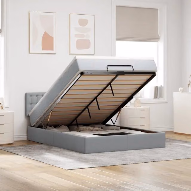 Letto con contenitore a sollevamento e materasso vidaXL in tessuto grigio e bianco, L/P/H: 200 x 140 x 88 cm – 1