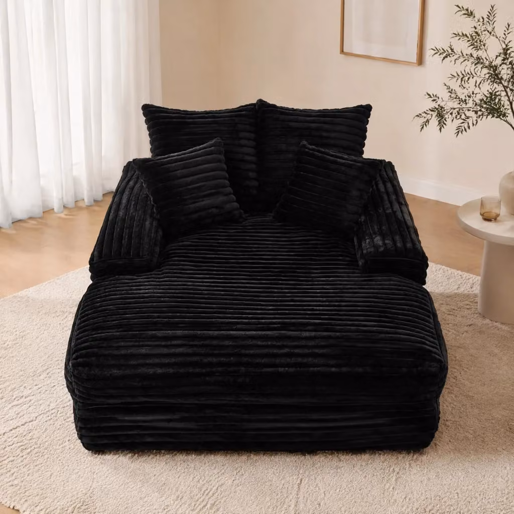 Chaise longue moderna a forma a L in velluto a coste nero con 4 cuscini in schiuma memory e coperture rimovibili L/P/H: 165 x 140 x 58 cm – 2