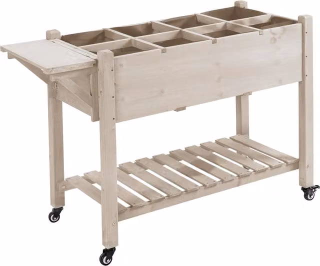 Fioriera da esterno Outsunny a 8 sezioni con ripiano laterale e mensola in legno di abete marrone, L: 123 cm, P: 54 cm, H: 87 cm – 1