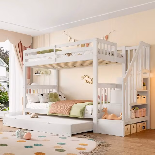 Letto a castello 90x200 cm, mensola a scala, con letto estraibile su ruote, sponde alte, certificato EN747-1, Bianco