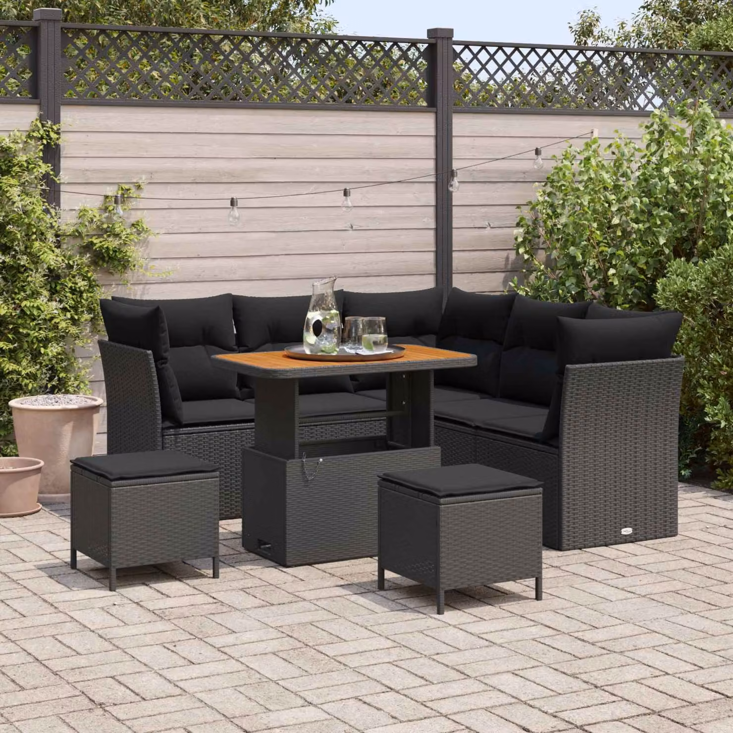 Set Divano da Giardino a L vidaXL 8 Pezzi Nero con Cuscini e Tavolino da Esterno in Polyrattan e Acciaio – 1