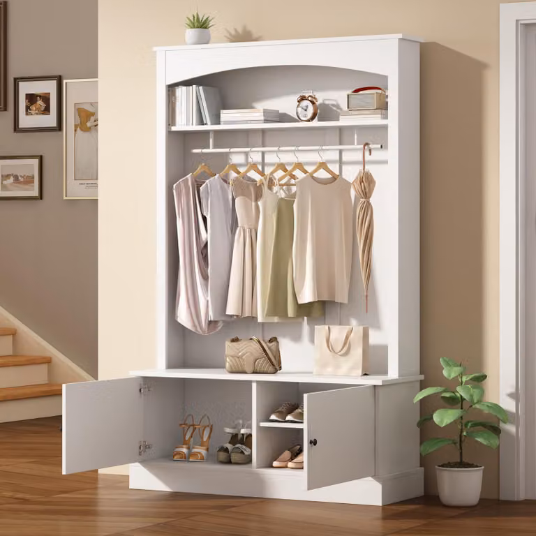 okwish Armadio da ingresso freestanding Armadio da ingresso con appendiabiti, con guardaroba e scarpiera, con ripiani regolabili, bianco