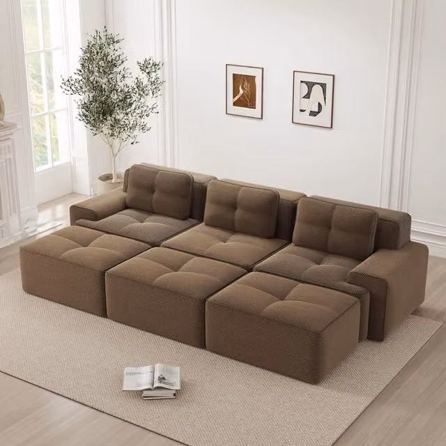Divano angolare 293x177x69 cm in corduroy marrone, con funzione letto, per soggiorno –