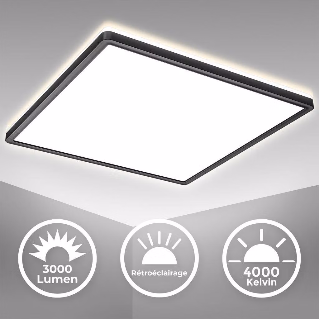 B.K.Licht Plafoniera LED ultra piatta 2,9cm, LED integrati 22W 3000Lm, luce bianca naturale 4000K, Lampada da soffitto con illuminazione indiretta, quadrata lato 42cm, contorno nero, IP20