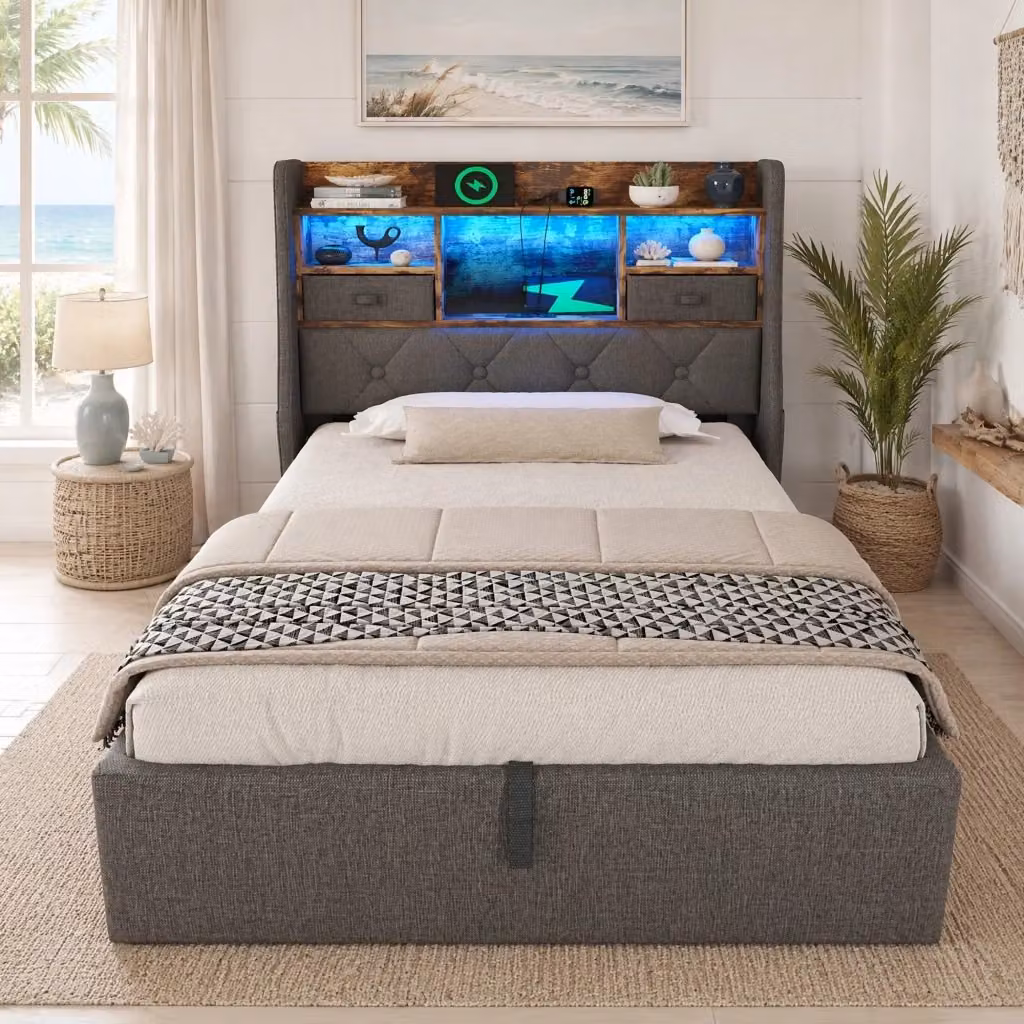 Letto Contenitore REDOM in Lino Grigio con Materasso, Illuminazione LED e Porte USB/Type-C, L/P/H: 90 x 200 x 45.8 cm – 2