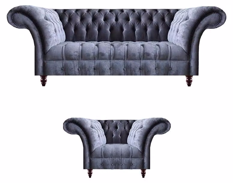 Graue Chesterfield Textil Garnitur Designer Sofagarnitur 3-Sitzer 2tlg
