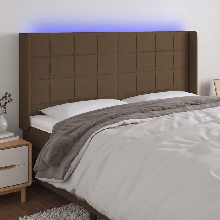 Testiera per letto vidaXL in tessuto marrone scuro con illuminazione LED integrata e porta di ricarica USB, L 163 cm x P 16 cm x H 118/128 cm