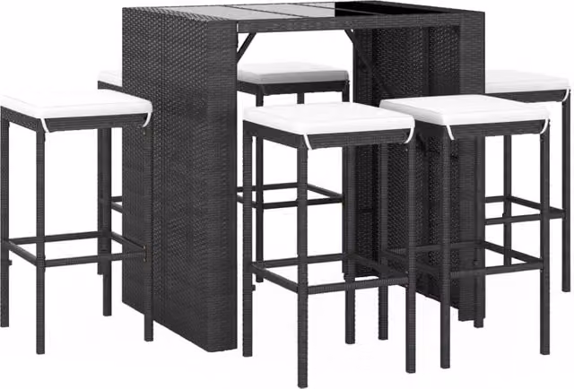 Set da bar da giardino Outsunny in polyrattan nero con 7 pezzi e cuscini bianchi