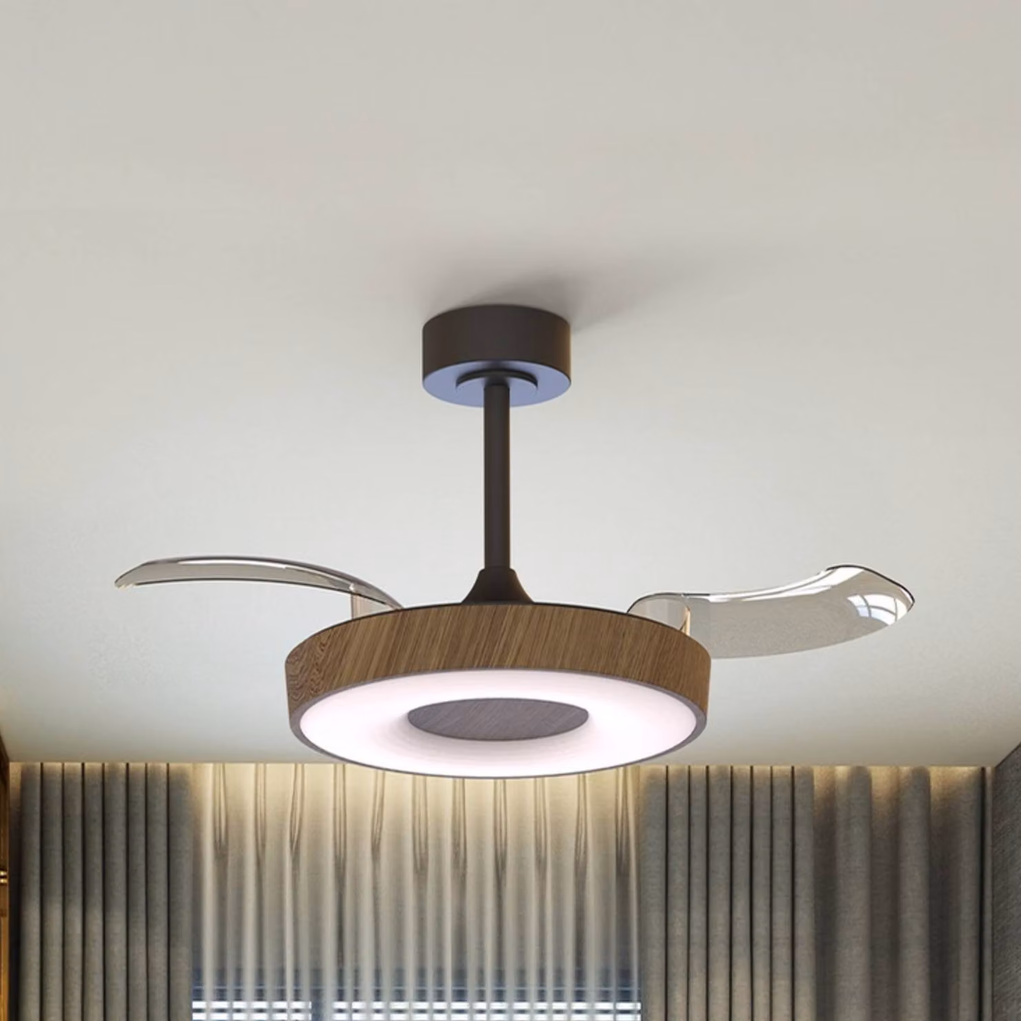 Mantra Iluminación Ventilatore da soffitto LED Coin, legno/nero, CC, silenzioso dimmerabile, Legno chiaro, Soggiorno / Sala da pranzo, Metallo, Moderno