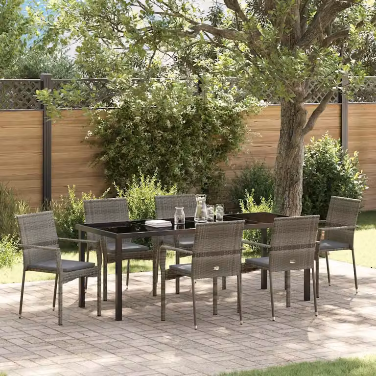 Set da pranzo per giardino e terrazzo vidaXL in polyrattan e vetro, 7 pezzi, Grigio