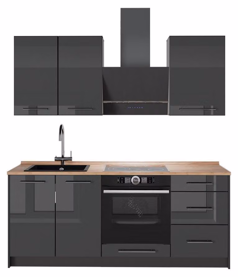 Cucina monoblocco Vicco Fame-Line Antracite lucido/Antracite 190 cm, PL Rovere, Model 64844