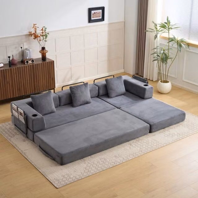 Divano letto pieghevole con braccioli regolabili, portabicchieri e tasche laterali in velluto a coste grigio scuro