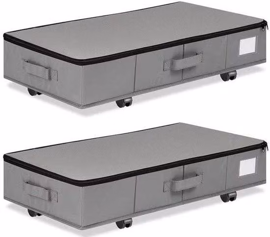 Organizzatori sottoletto con ruote e coperchio - 2 pezzi - 38 litri - 60x40x16 cm - Organizzatori per abbigliamento e biancheria da letto - Maniglie più resistenti - Tessuto Oxford - Rotazione a 360° - Grigio
