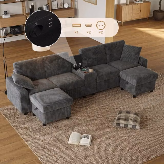 Divano panoramico a U MIVRAY in velluto a coste grigio con 2 pouf contenitore, tavolino e prese USB, H: 81 cm, L: 315 cm, P: 135 cm – 1