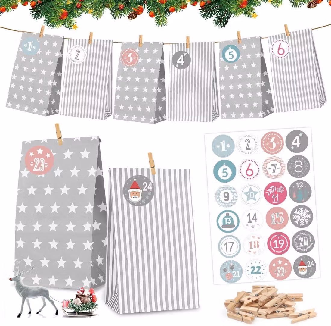 Sacchetti per calendario dell'Avvento - 24 sacchetti per calendario natalizio - Crea il tuo calendario dell'Avvento con gli adesivi numerati da 1 a 24 per decorazioni natalizie