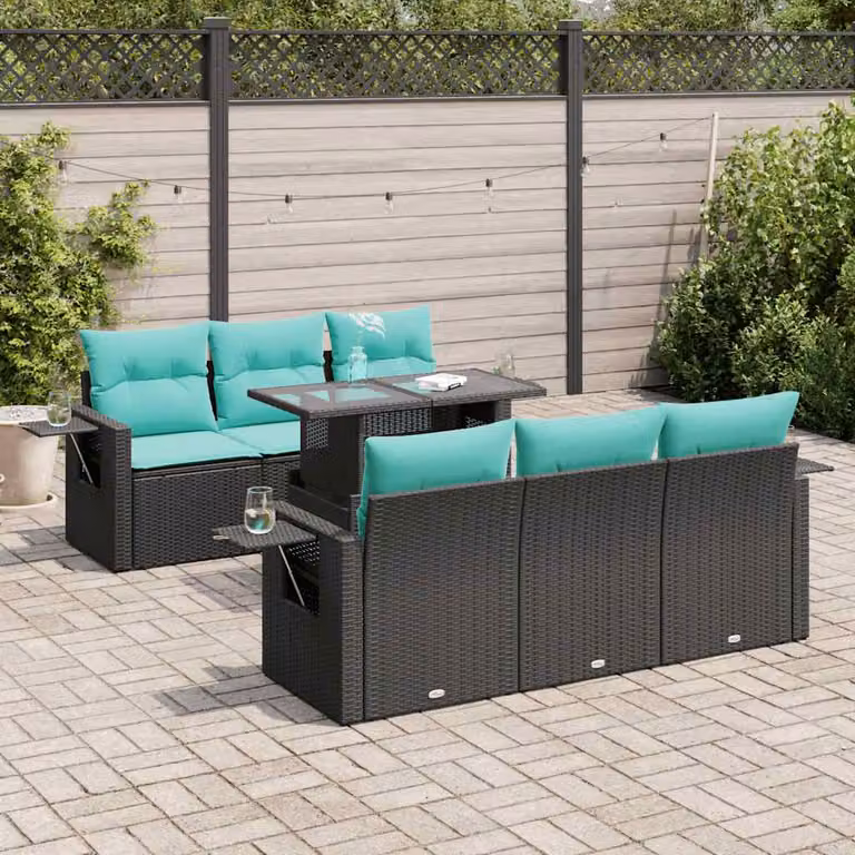 Set Divani da Giardino vidaXL 7 Pezzi in Polyrattan con Cuscini e Tavolino Nero