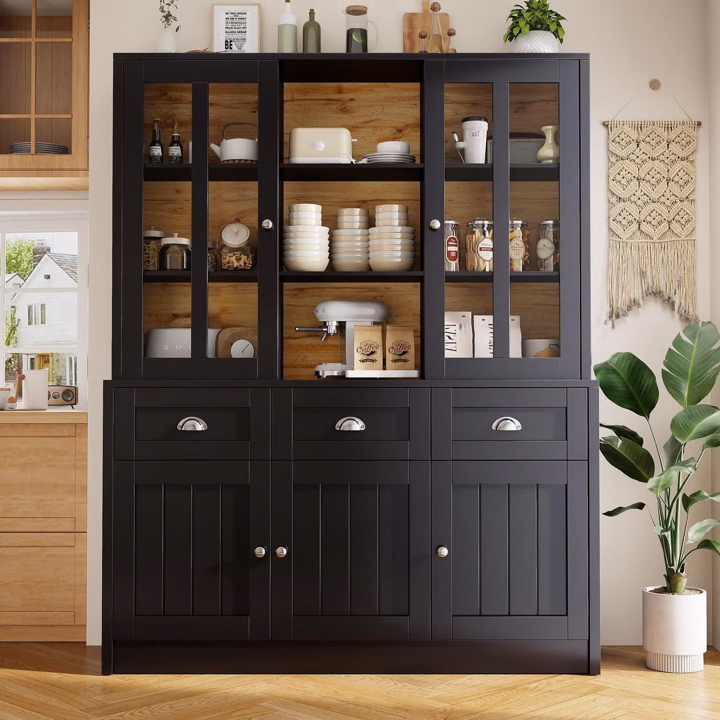 Armadio alto, vetrina, mobiletto da cucina, credenza da pranzo con cassetti, colore nero, dimensioni 140x38,5x175 cm