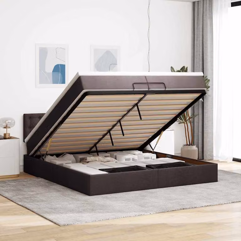 Struttura Letto con Contenitore a Sollevamento e Materasso vidaXL in Tessuto, L/P/H: 200 x 200 x 88 cm, Colore Marrone e Bianco