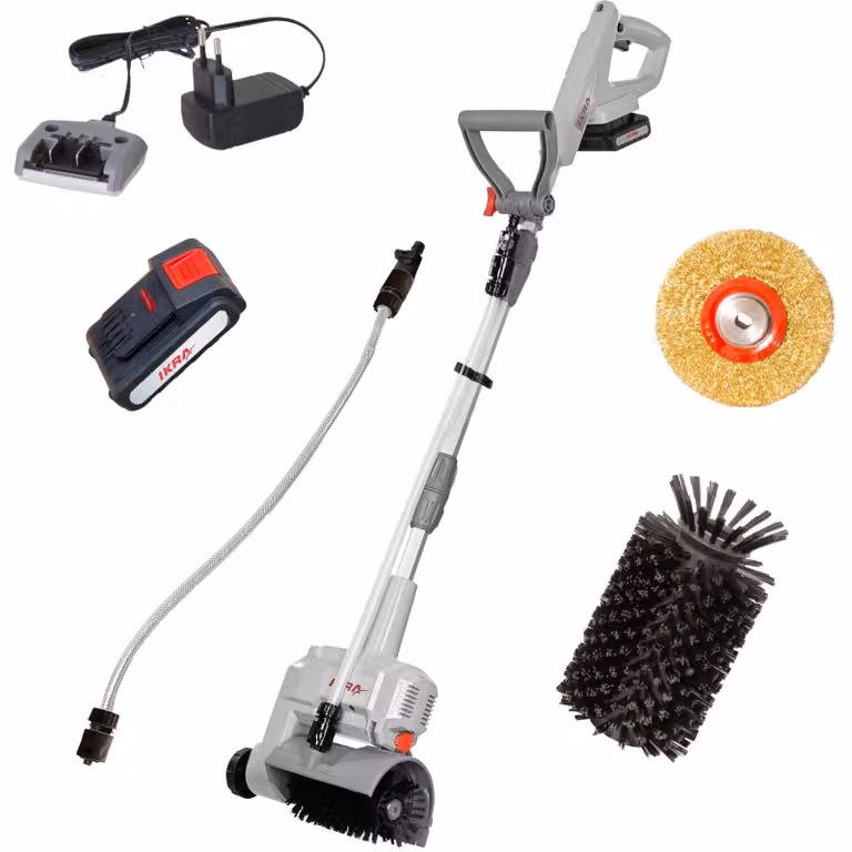 IKRA Pulitore per superfici e fughe a batteria IATR 20 | 20 V | Spazzola in nylon e acciaio | Legno, pietra e fughe | Pulizia a umido o a secco | Con batteria e caricatore