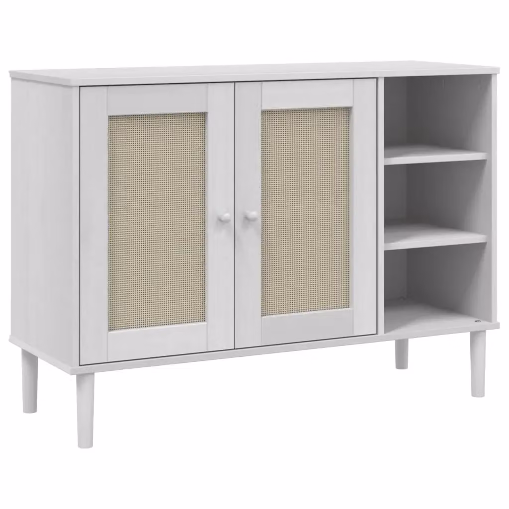 Credenza SENJA vidaXL in legno di pino massello e rattan, colore bianco, L: 112 cm, P: 40 cm, H: 80 cm – 2