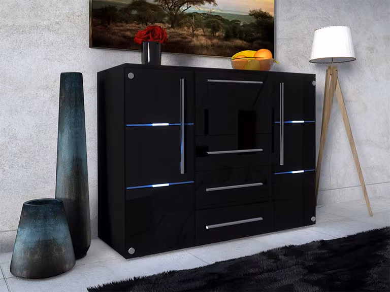 Cassettiera combinata con illuminazione a LED ANTRIM – nero / nero lucido