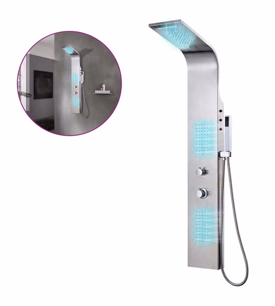 Pannello Doccia Curvo vidaXL in Acciaio Inossidabile Spazzolato con Termostato, Doccia a Pioggia e Massaggio, Colore Argento, H: 130 cm – 2