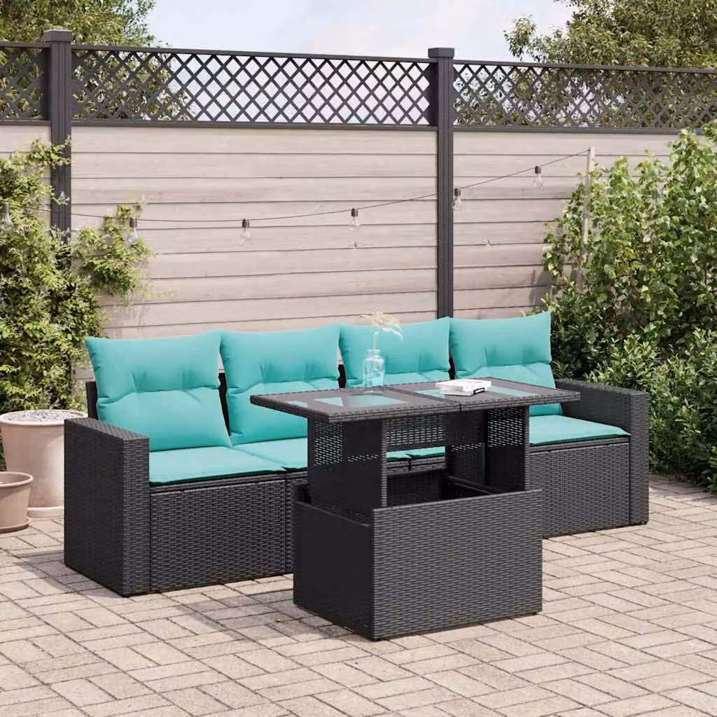 Set da giardino vidaXL composto da 5 pezzi con divano a 3 posti, elementi angolari, tavolino da caffè e cuscini in polyrattan e legno di acacia, colore nero e blu