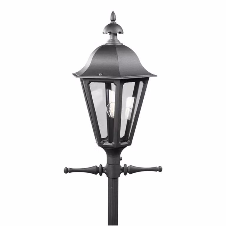 Testa di lampada Konstsmide Pallas in alluminio verniciato nero, con vetro acrilico color fumo; prezzo comprensivo di supporto per cavo, esclusi base e palo; vedi accessori