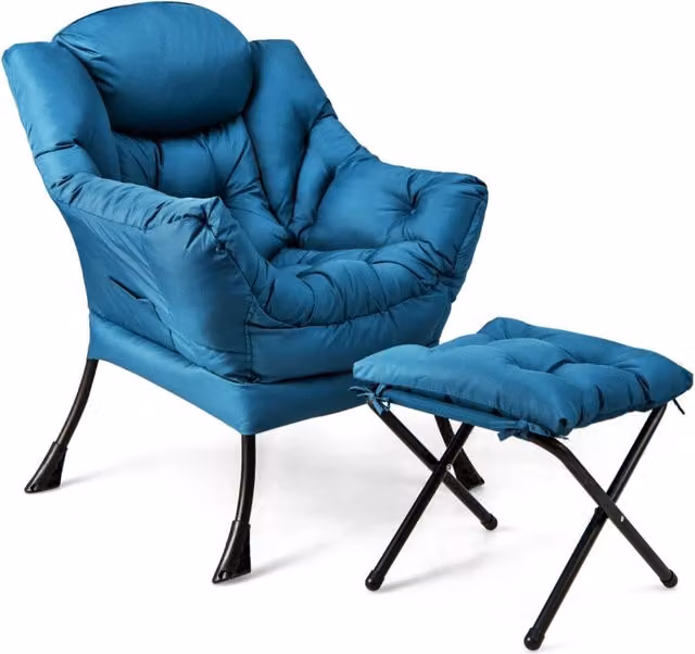 Poltrona da lettura moderna con cuscino, braccioli e tasca laterale, colore blu – 1