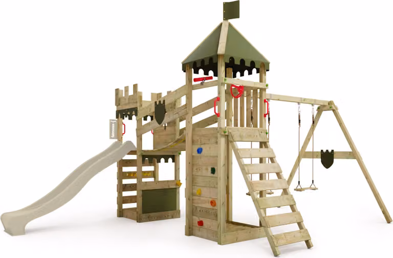 Torre giochi Fatmoose RiverRun Royal XXL con altalena e scivolo, colore verde salvia
