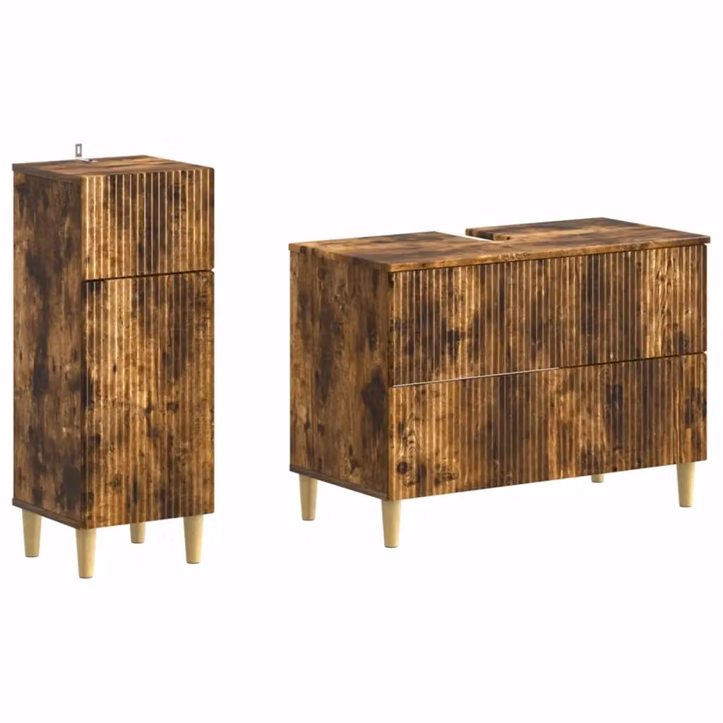 Set di mobili da bagno moderno vidaXL composto da mobile lavabo e mobile contenitore in legno Rovere Fumo marrone con ante a battente e ripiani interni – 2