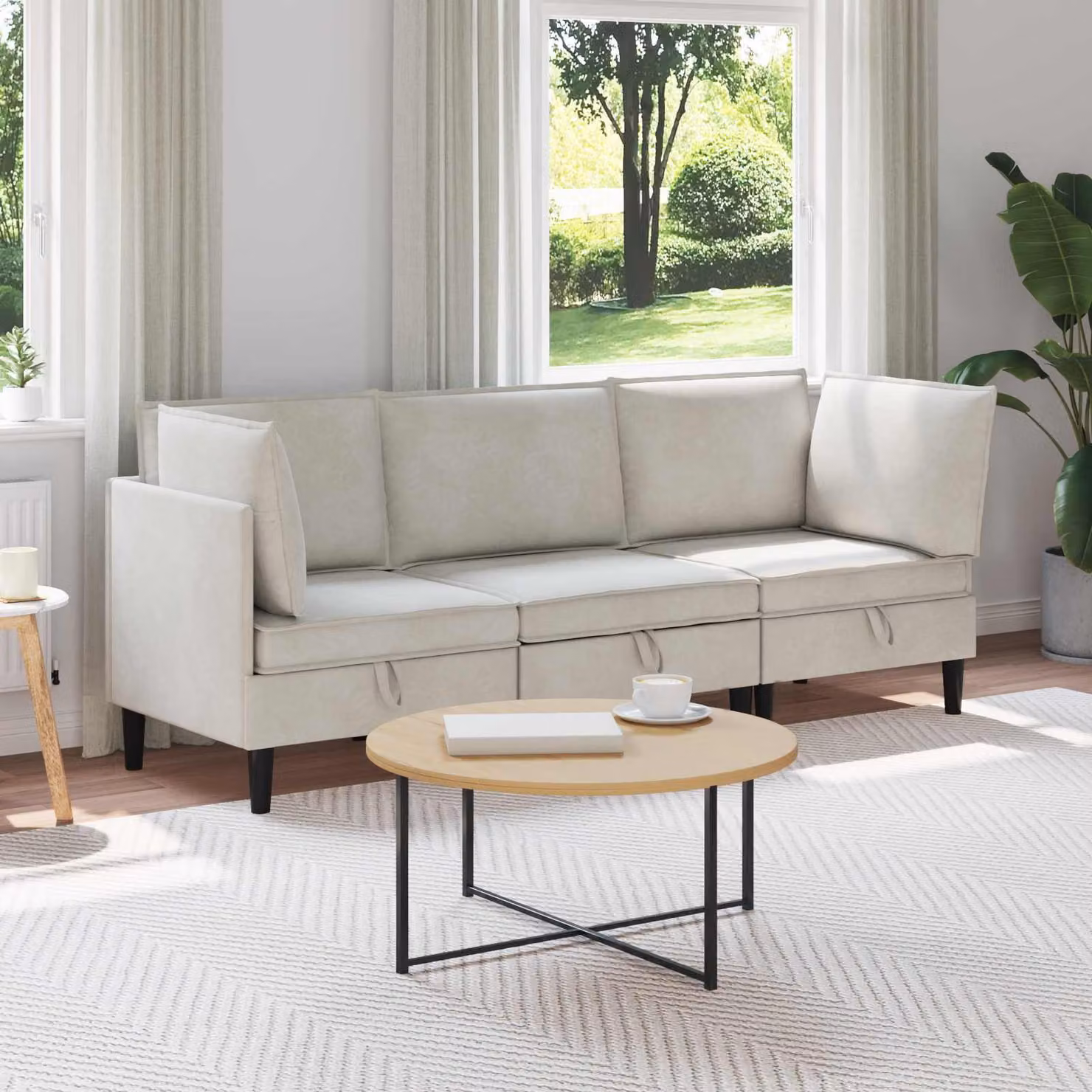 Set di mobili per il soggiorno vidaXL in velluto beige composto da 3 pezzi con divano a 3 posti e elemento angolare a forma di L