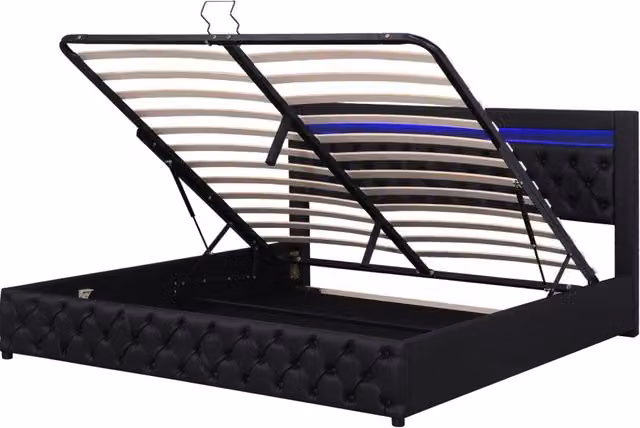 Letto imbottito 160x200 cm con contenitore e illuminazione LED, struttura in PU nero, base con doghe inclusa