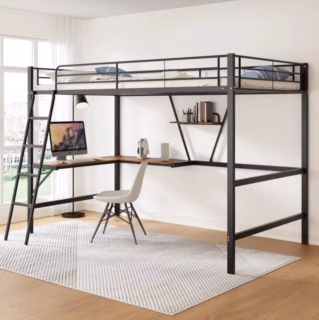 Letto a soppalco ULEVR 90x200 cm in metallo con scrivania angolare, scaffale e scala, nero